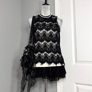 Tempted Black Layered Scallop Pattern Crochet Sleeveless Top with Fringe